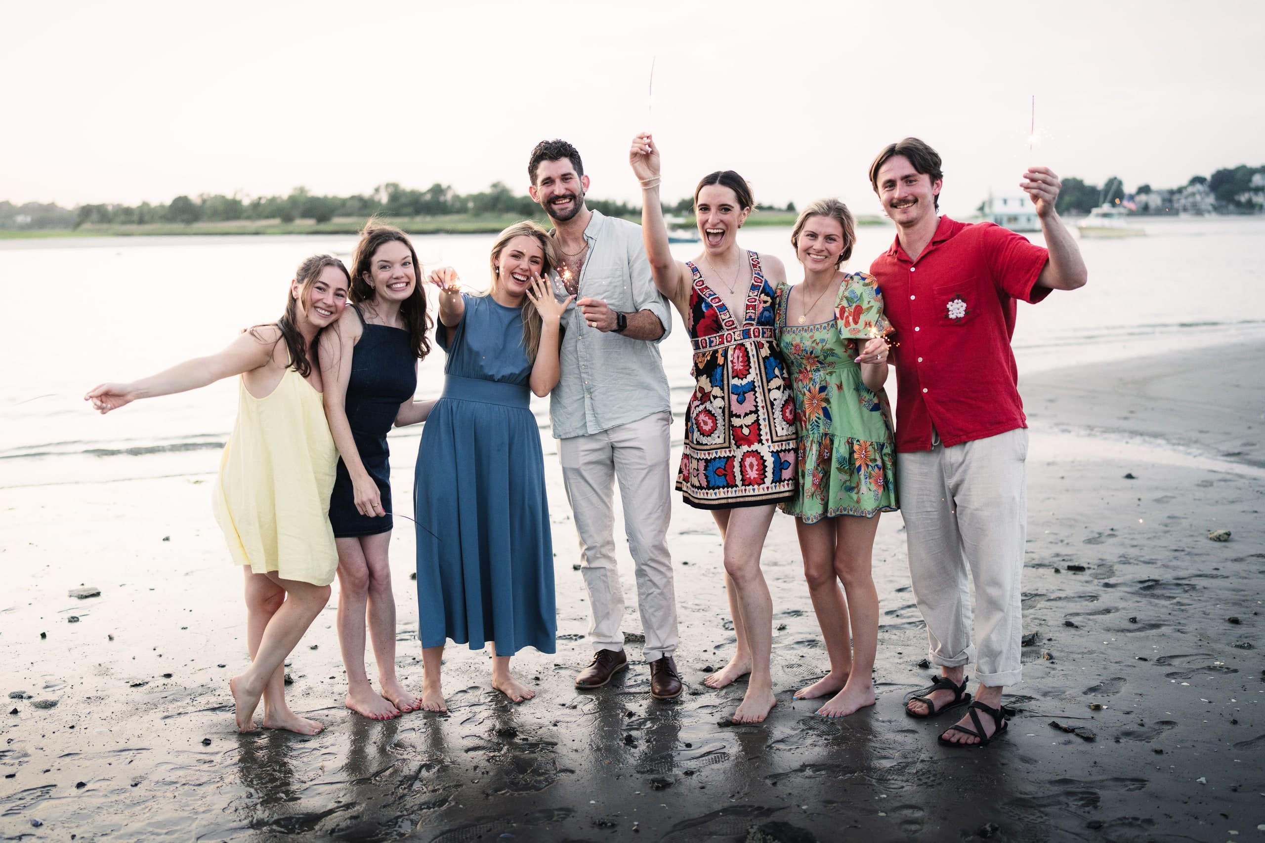 A group of seven friends on the beach raising a toast and celebrating together.