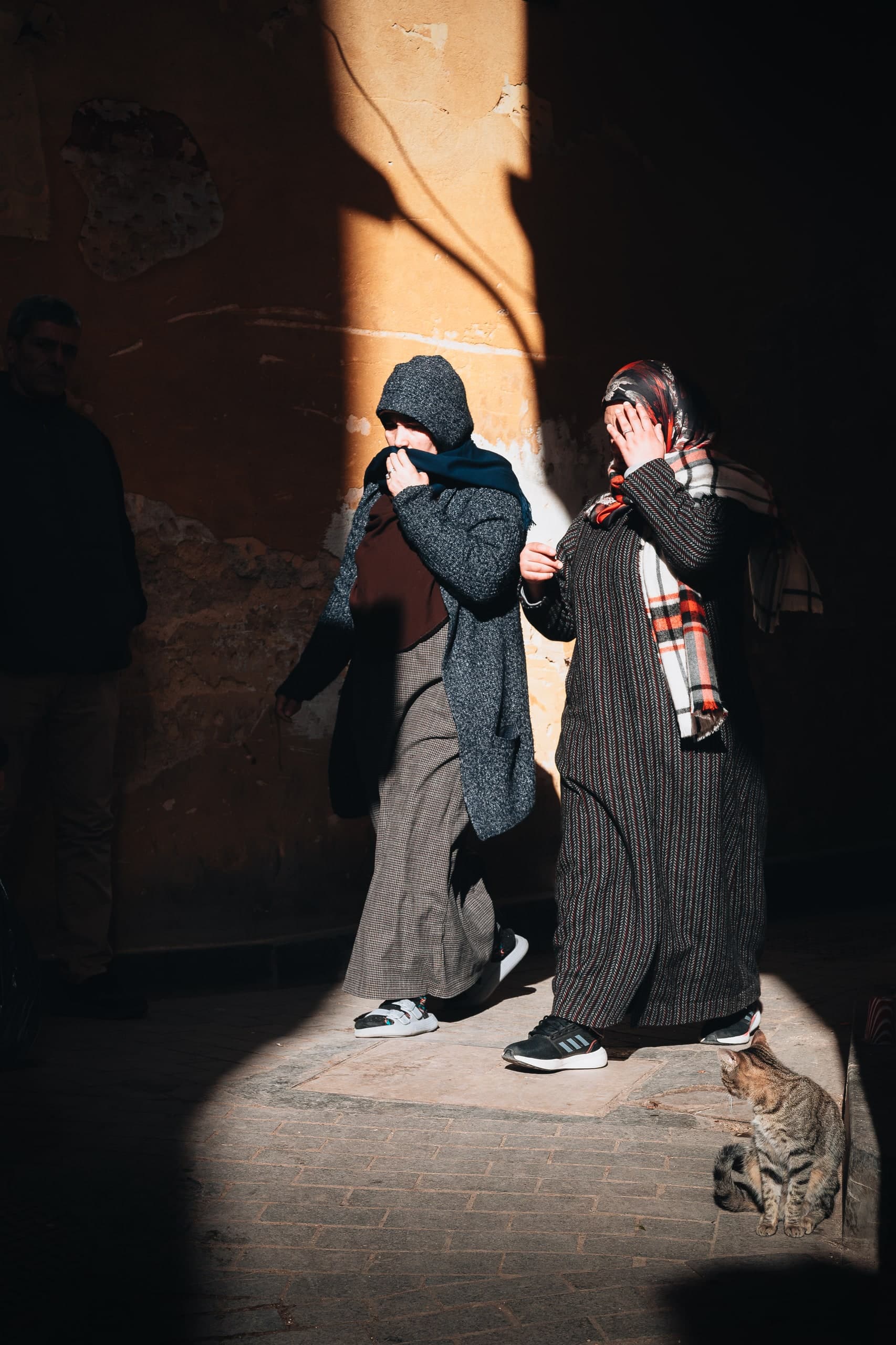 Two women in headscarves crossing a sunlit doorway in a Moroccan medina, a cat watching from the shadows.