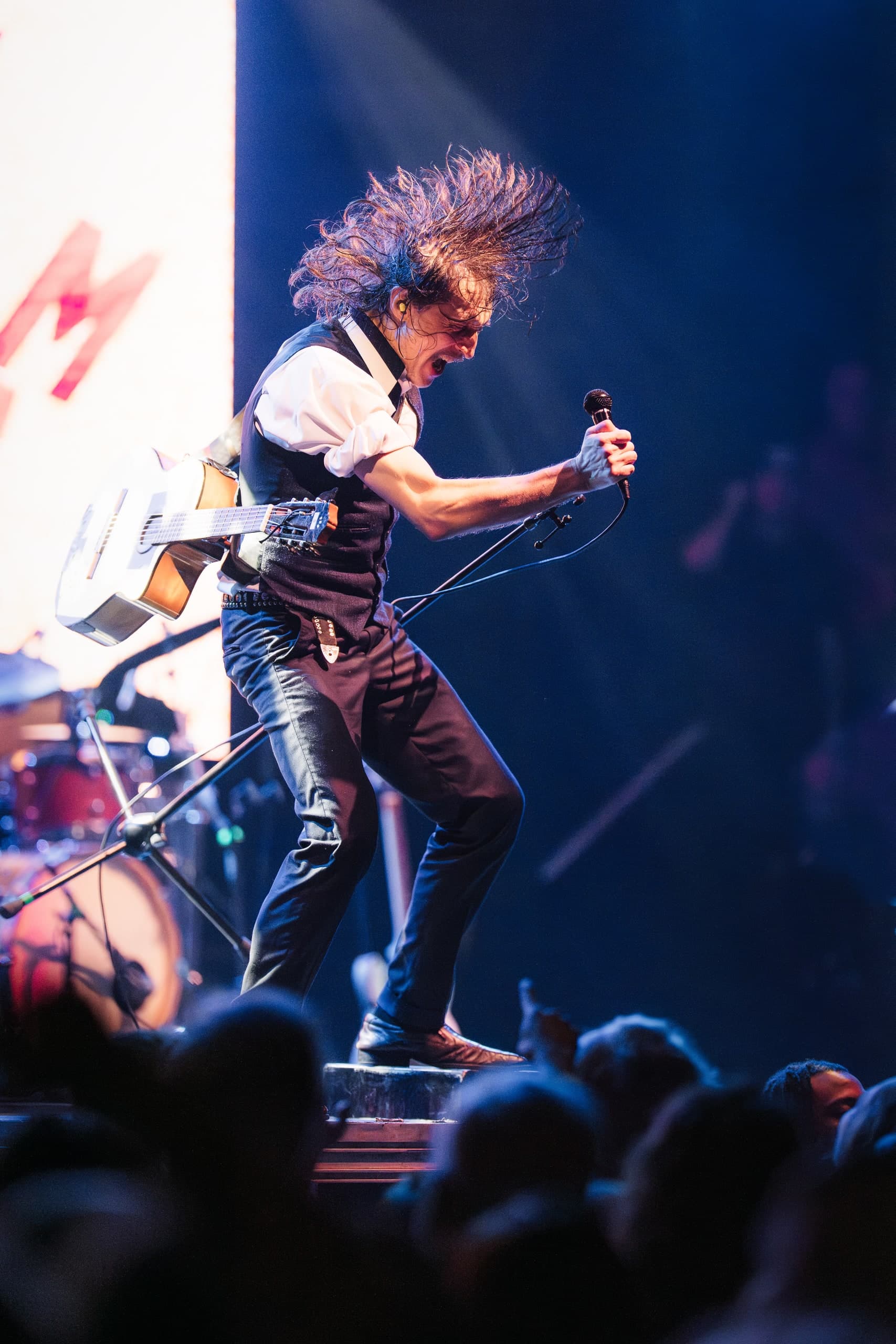 A musician mid-performance, wild hair in motion, shouting into a microphone on stage.